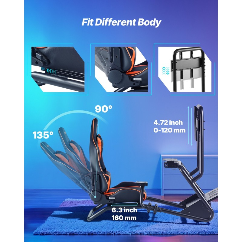 Ajosimulaattorin teräsrunkoinen rattiteline PVC-istuimella ja irrotettavalla näyttötelineellä sopii 60 tuuman näytölle