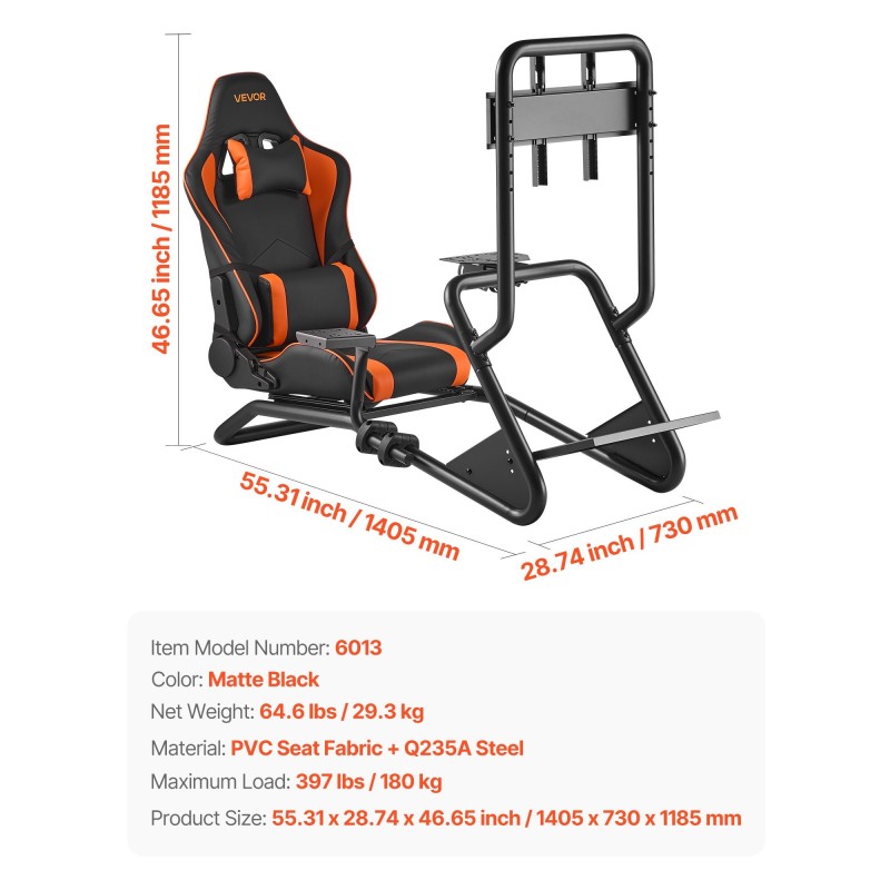 Ajosimulaattorin teräsrunkoinen rattiteline PVC-istuimella ja irrotettavalla näyttötelineellä sopii 60 tuuman näytölle