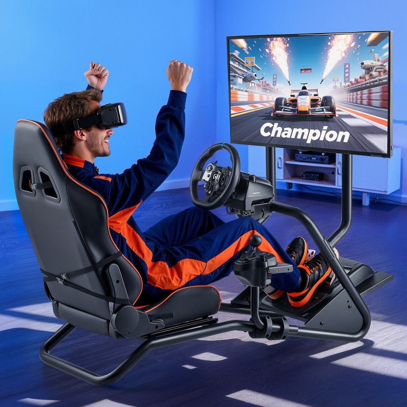 Ajosimulaattorin teräsrunkoinen rattiteline PVC-istuimella ja irrotettavalla näyttötelineellä sopii 60 tuuman näytölle