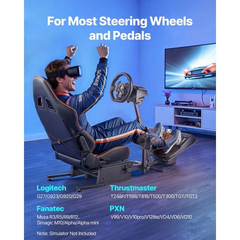 Ajosimulaattorin rattiteline istuimella Q235A-teräsrunko mattamusta yhteensopiva pelirattien ja polkimien kanssa