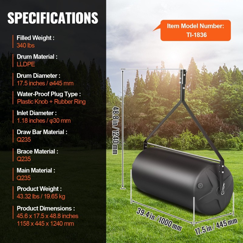 Vedettävä nurmijyrä 445 mm muovirumpu teräsrunko 400 paunaa täytettävä traktoriin tai mönkijään