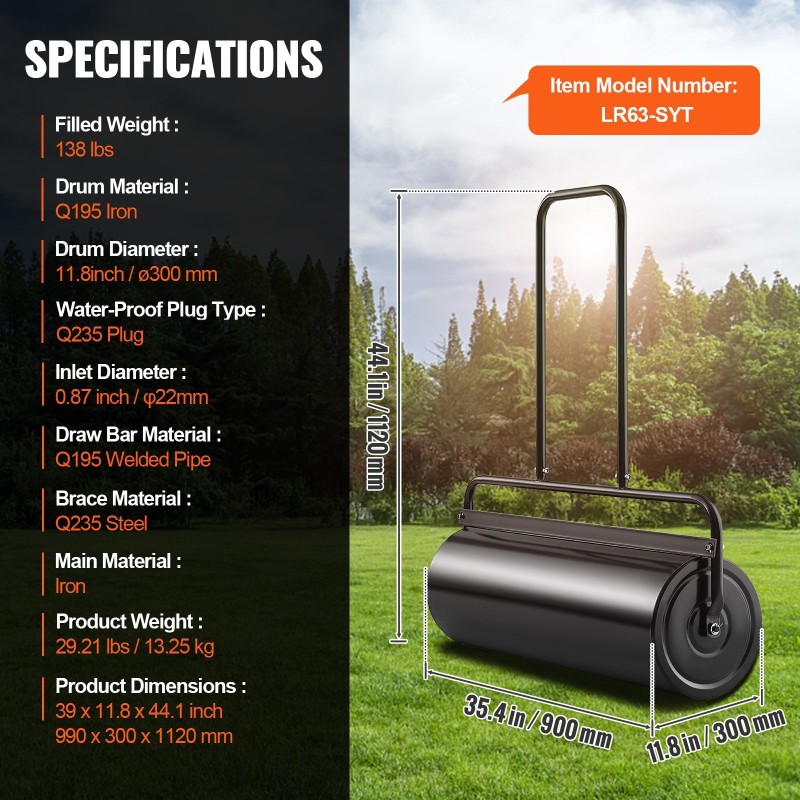 Nurmijyrä rautarumpu 61 l vedellä tai hiekalla täytettävä U-muotoinen aisa