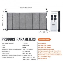 Verkollinen sisäänvedettävä turvaportti 86,9cm korkea 195,1cm leveä musta lapsille ja lemmikeille