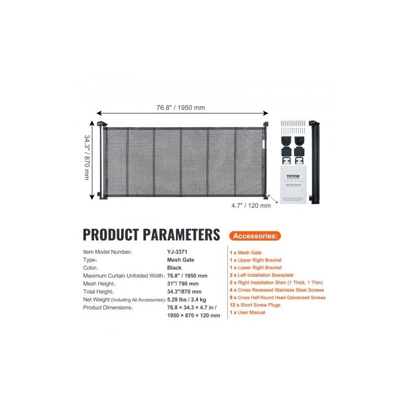 Verkollinen sisäänvedettävä turvaportti 86,9cm korkea 195,1cm leveä musta lapsille ja lemmikeille