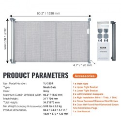Vedettävä verkkoinen turvaportti korkeus 86,9 cm leveys jopa 152,4 cm harmaa sisäkäyttöön