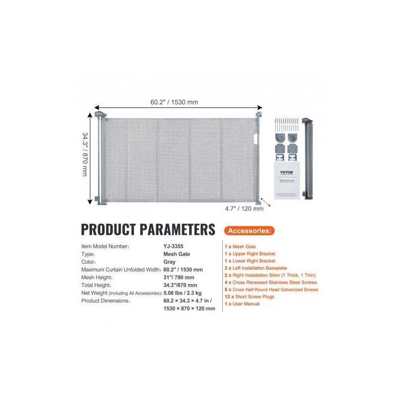 Vedettävä verkkoinen turvaportti korkeus 86,9 cm leveys jopa 152,4 cm harmaa sisäkäyttöön