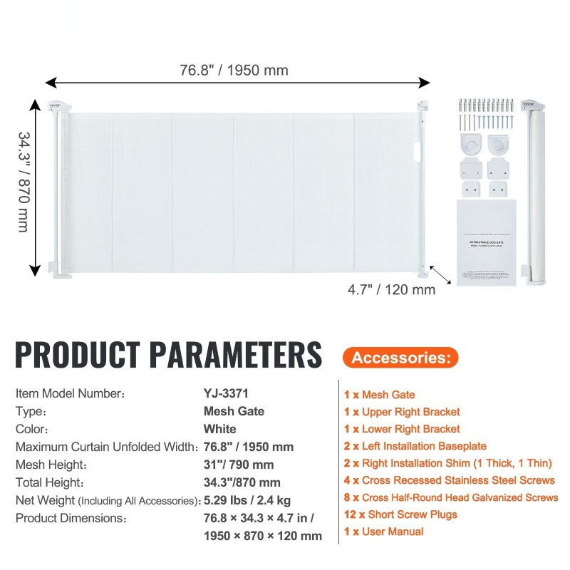 Sisäänvedettävä verkkoturvaportti 86,9 cm korkea leveys enintään 195,1 cm lapsille ja lemmikeille