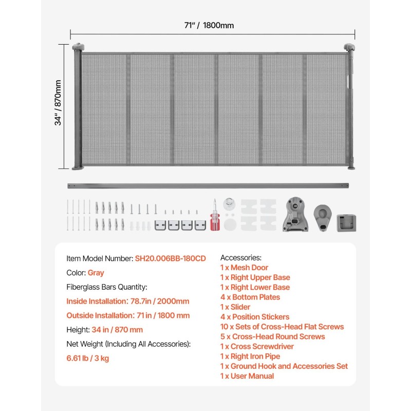Sisäänvedettävä turvaportti 870 mm korkea enintään 1800 mm leveä verkko ja lasikuiturunko