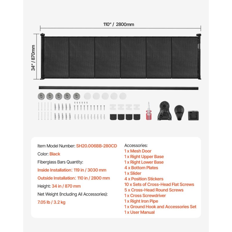 Sisäänvedettävä turvaportti 870 mm korkea 2800 mm leveä verkkokangas lasikuituvahvisteinen runko musta
