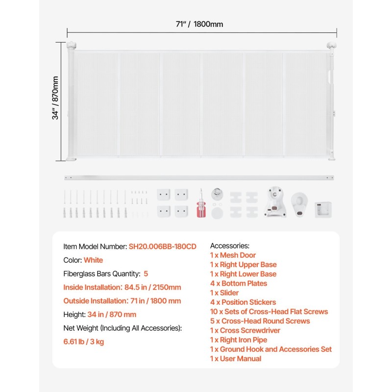 Sisäänvedettävä turvakaide 870 mm korkea 1800 mm leveä lasikuiturunko ja verkkopaneeli sisäkäyttöön