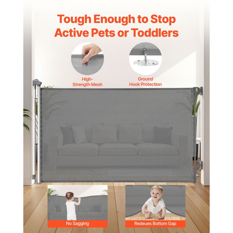 Vedettävä turvaportti verkkorakenteinen 1450 mm leveä 980 mm korkea lapsille ja lemmikeille