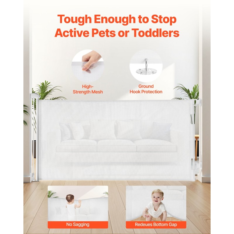 Sisäänvedettävä turvaportti läpinäkyvällä verkolla 1430 mm leveä 795 mm korkea portaille turvalukolla