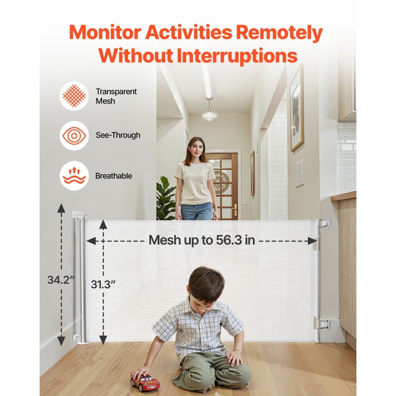 Sisäänvedettävä turvaportti läpinäkyvällä verkolla 1430 mm leveä 795 mm korkea portaille turvalukolla
