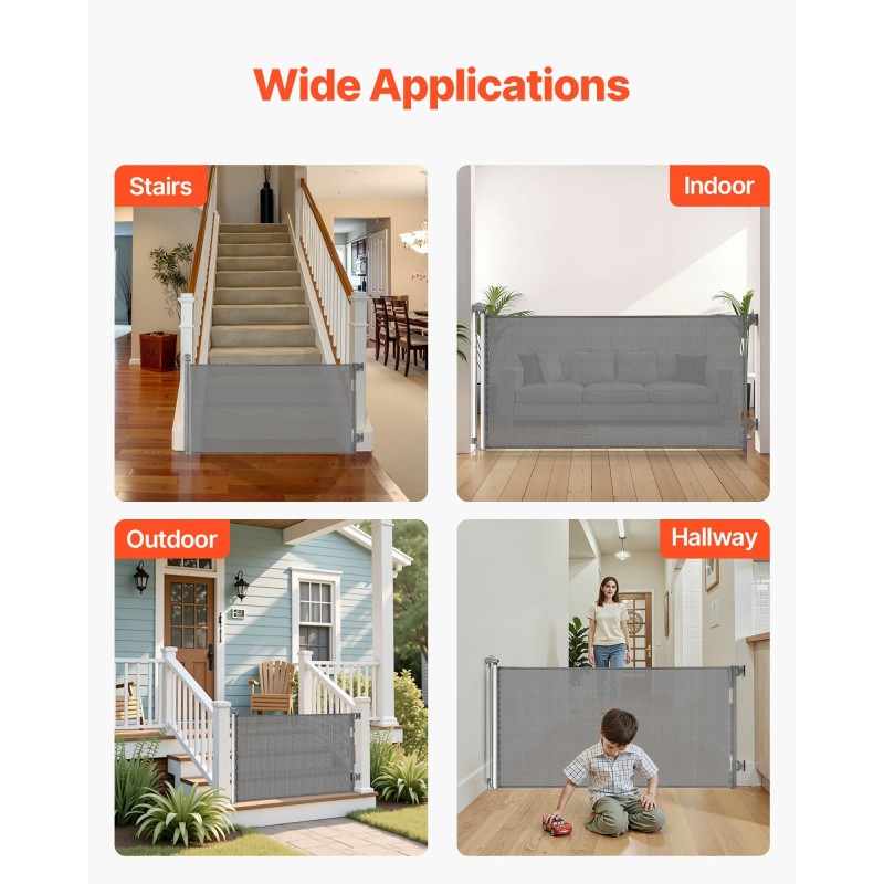 Sisäänvedettävä turvaportti läpinäkyvällä verkkokankaalla 1430 mm leveä 795 mm korkea turvalukko harmaa