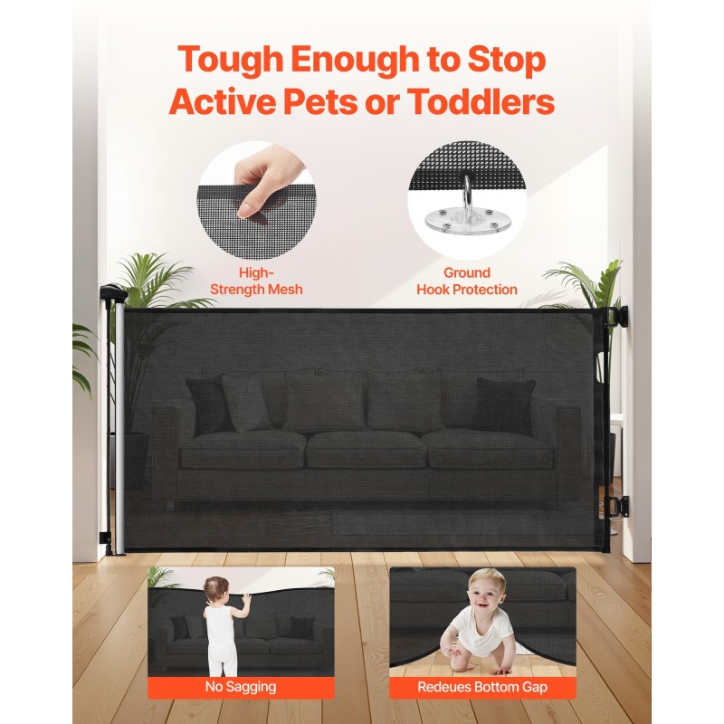 Sisäänvedettävä turvaportti läpinäkyvä pehmeä verkko leveys 1850 millimetriä korkeus 980 millimetriä turvalukolla