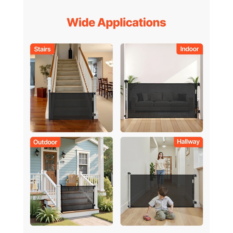 Sisäänvedettävä turvaportti läpinäkyvä pehmeä verkko leveys 1850 millimetriä korkeus 980 millimetriä turvalukolla