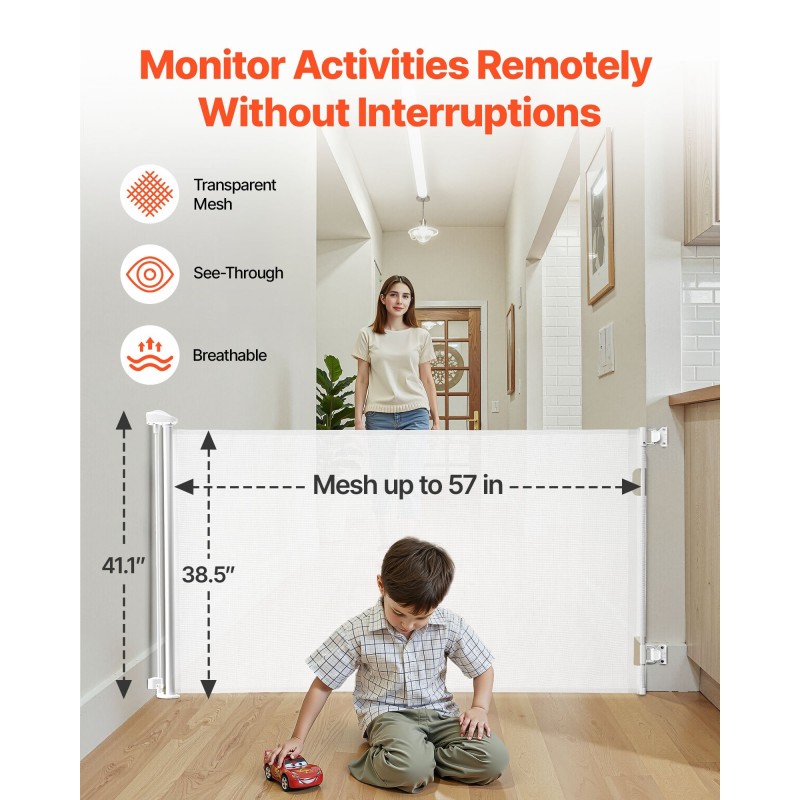 Sisäänvedettävä turvaportti läpinäkyvä verkkokangas 1450 mm leveä 980 mm korkea valkoinen