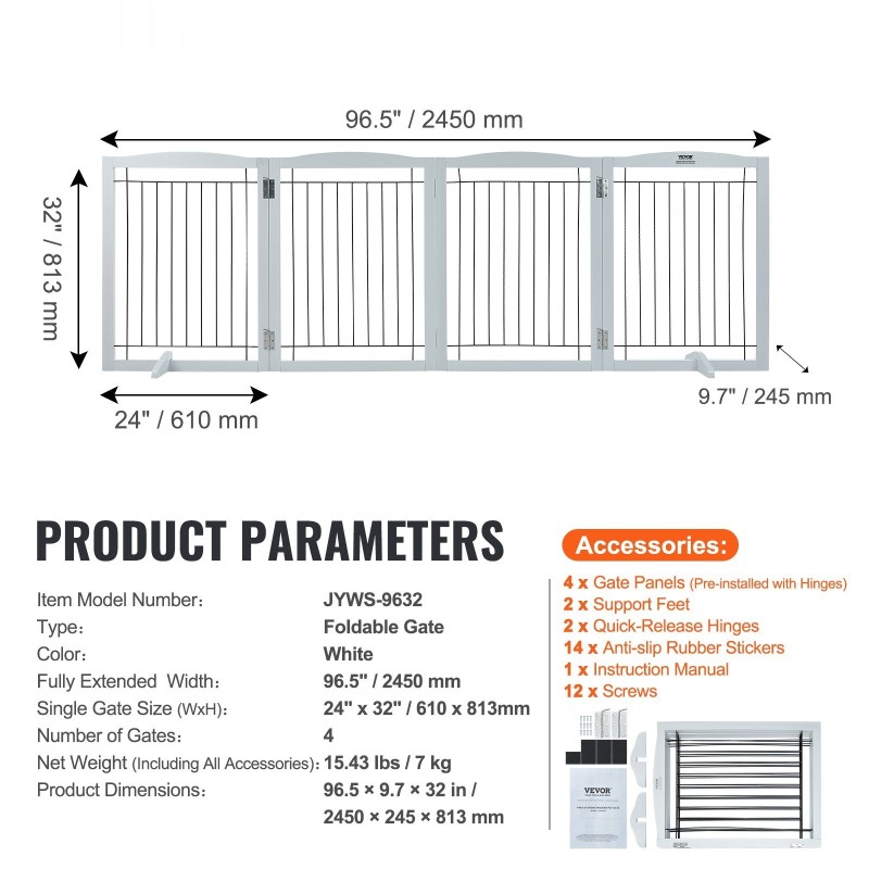 Taittuva puinen lemmikkiportti 4 paneelia 813 mm korkea 2450 mm leveä valkoinen