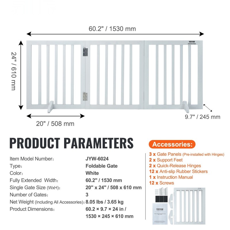 Taittuva puinen lemmikkiportti 3 paneelia 610 mm korkea 1530 mm leveä sisäkäyttöön