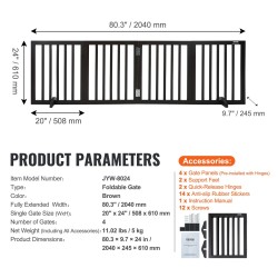 Täyspuinen vapaasti seisova lemmikkiportti taitettava 4 paneelia 2040 mm leveä ruskea