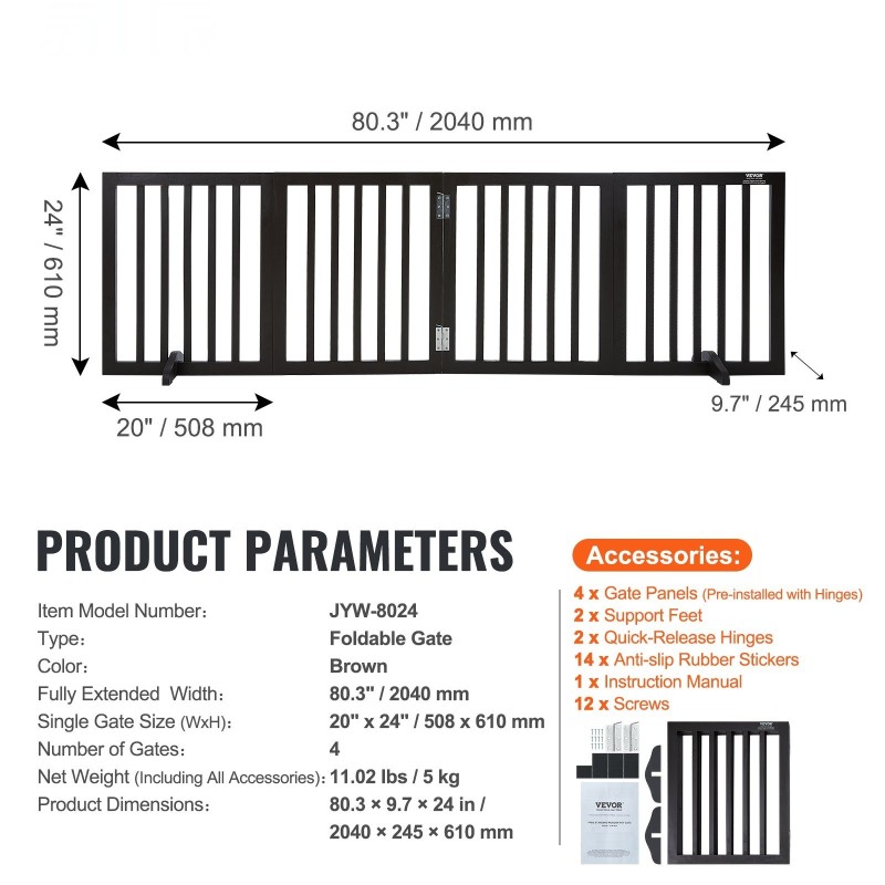 Täyspuinen vapaasti seisova lemmikkiportti taitettava 4 paneelia 2040 mm leveä ruskea