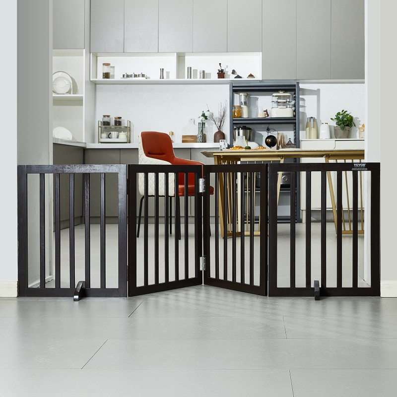 Täyspuinen vapaasti seisova lemmikkiportti taitettava 4 paneelia 2040 mm leveä ruskea