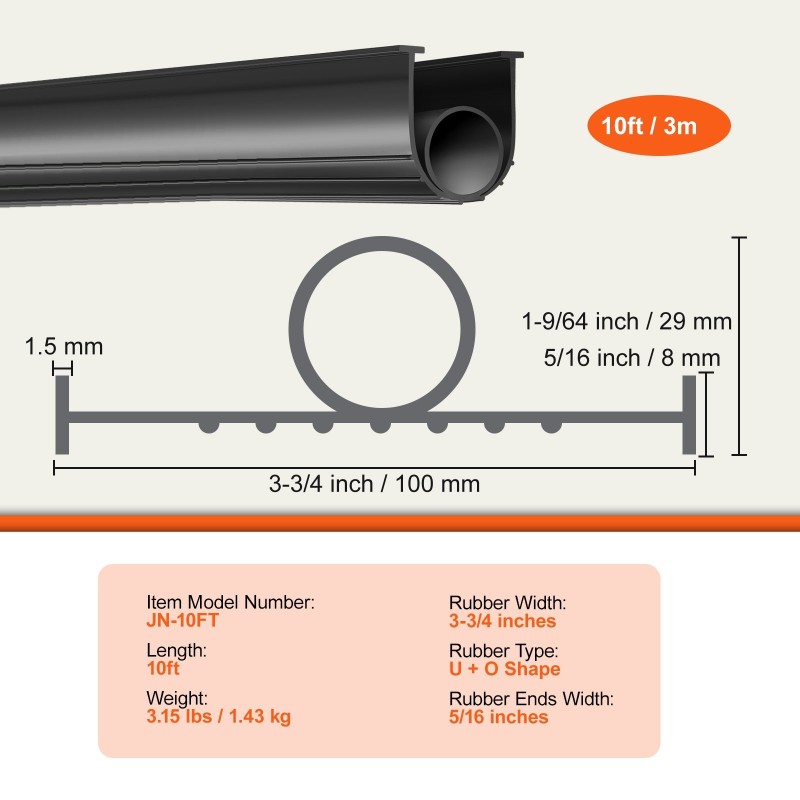 Autotallin ovitiiviste kuminen U- ja O-muoto 3 m 100 mm