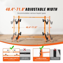 Teräksinen vapaasti seisova kajakkiteline 4 veneelle säädettävä 1230–1825 mm pehmustetut tukivarret