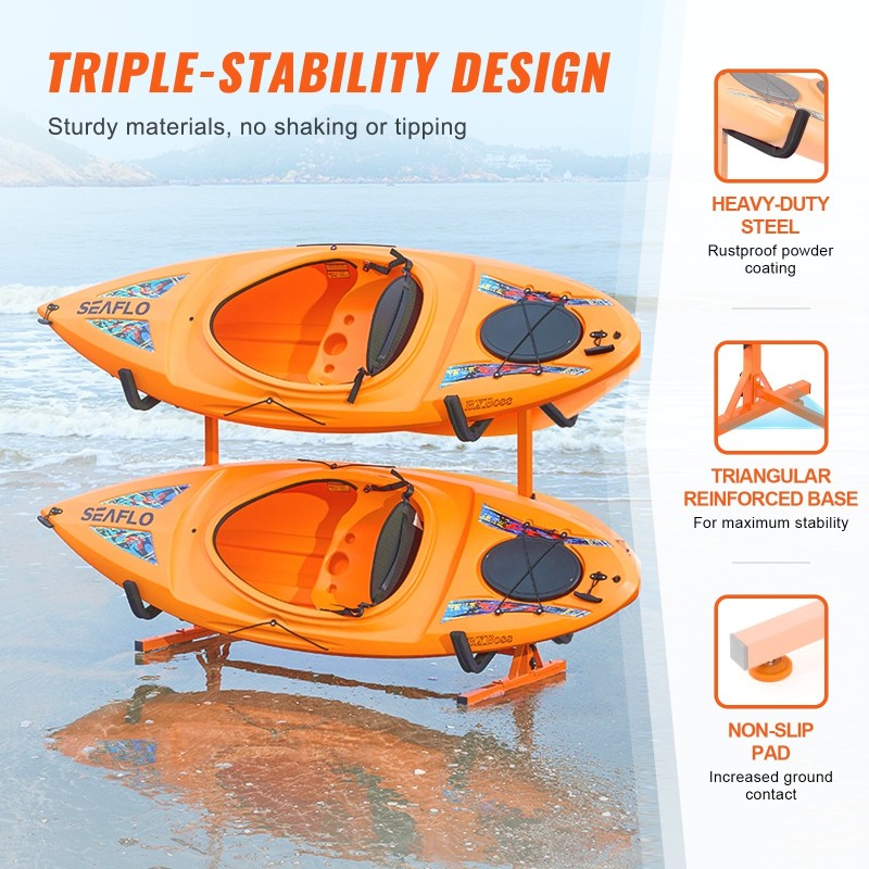 Teräksinen vapaasti seisova kajakkiteline 4 veneelle säädettävä 1230–1825 mm pehmustetut tukivarret