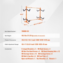 Teräksinen vapaasti seisova kajakkiteline 4 veneelle säädettävä 1230–1825 mm pehmustetut tukivarret