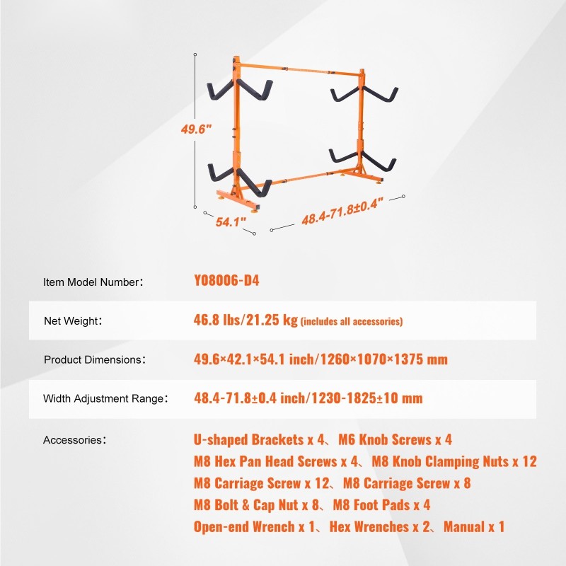 Teräksinen vapaasti seisova kajakkiteline 4 veneelle säädettävä 1230–1825 mm pehmustetut tukivarret