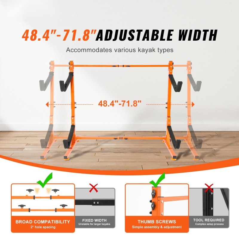 Kajakkiteline teräksinen vapaasti seisova kahdelle säädettävä leveys 1230–1825 mm pehmustetut tukivarret