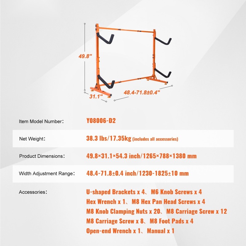 Kajakkiteline teräksinen vapaasti seisova kahdelle säädettävä leveys 1230–1825 mm pehmustetut tukivarret
