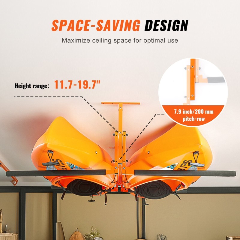 Kattokiinnitteinen teräksinen säilytysteline kahdelle kajakille ja SUP-laudalle säädettävällä korkeudella
