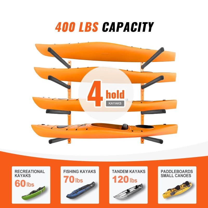 Seinäkiinnitteinen teräksinen kajakkiteline neljälle kajakille säädettävät pehmustetut varret 181,6 kg kantavuus