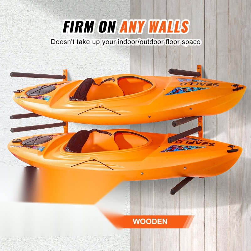 Seinäkiinnitteinen teräksinen kajakkiteline neljälle kajakille säädettävät pehmustetut varret 181,6 kg kantavuus