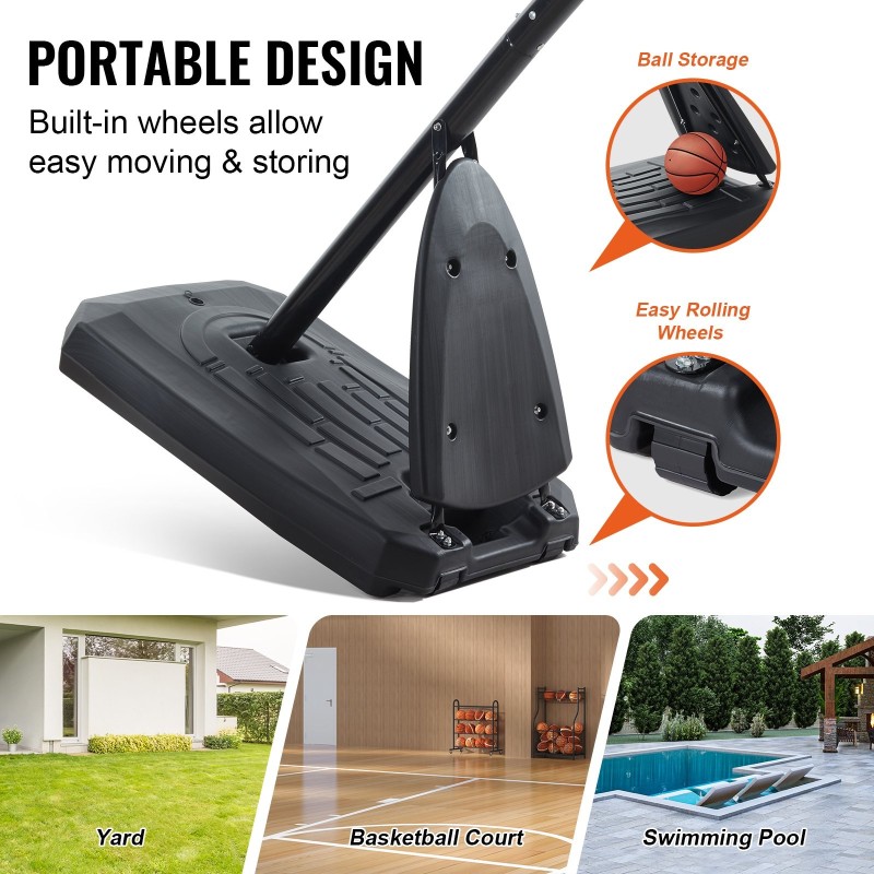 Koripalloteline korkeussäädettävä 232–305 senttimetriä 50 tuuman taustalevy täytettävä jalusta pyörillä teräsrunko