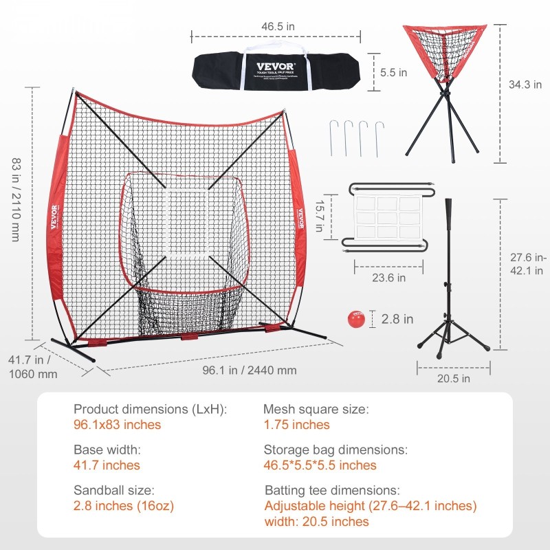 Baseball ja softball harjoitusverkko polyesteristä 84x41,7 tuumaa 12,7 mm lasikuitutangot