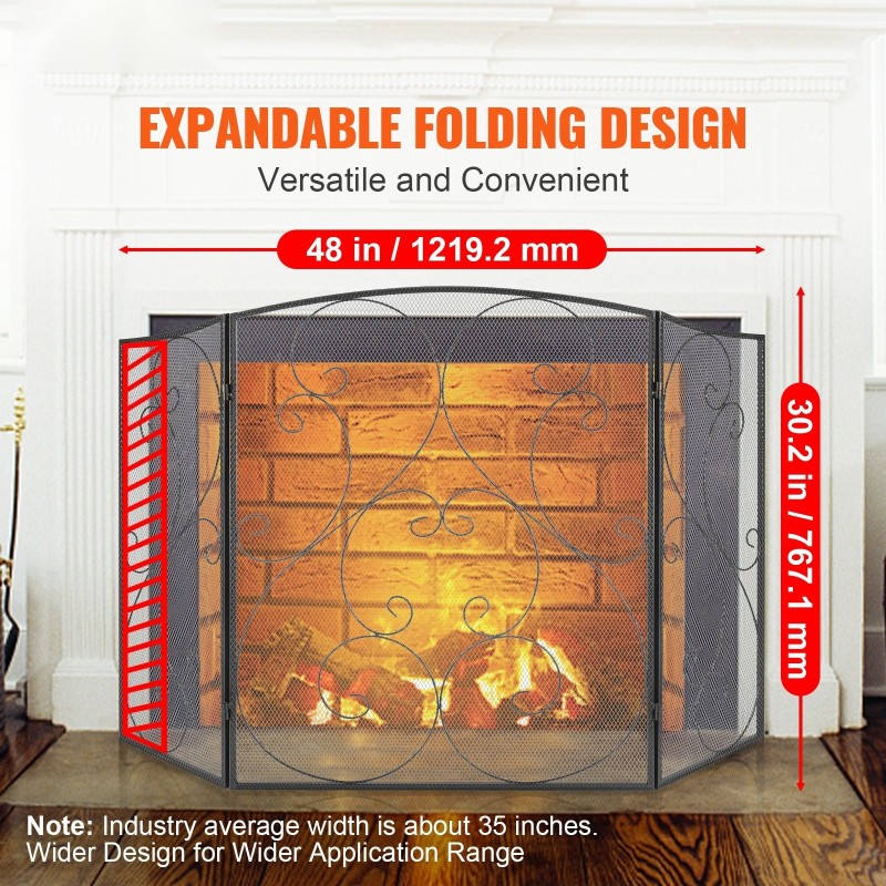 Takkasuoja rautainen 122 cm leveä 76,7 cm korkea 3-paneelinen taittuva