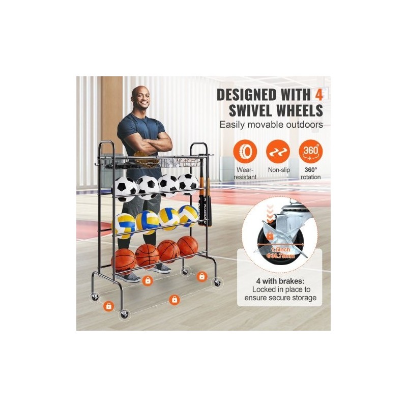 Pallo- ja urheiluvälineteline neljä tasoa hiiliteräs pyörillä irrotettavat korit