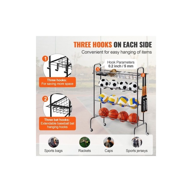 Pallo- ja urheiluvälineteline neljä tasoa hiiliteräs pyörillä irrotettavat korit