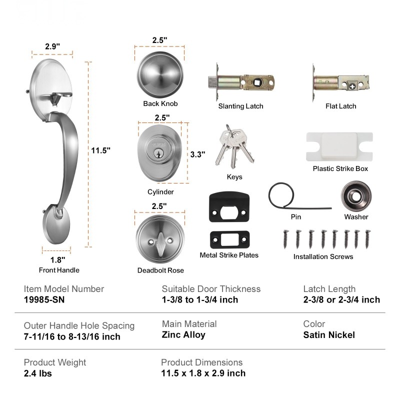 Etuoven lukkosarja sinkkiseosrunko satiininikkeli säädettävä reikäväli 195–224 mm sopii molemmille kätisille