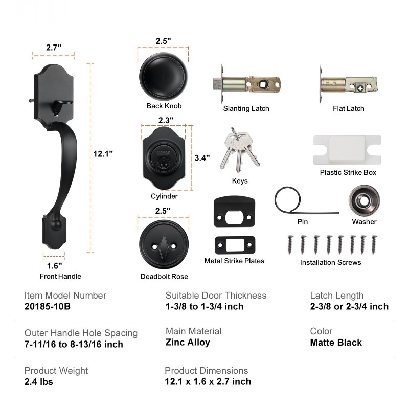 Etuoven lukitussetti sinkkiseos kuparipinnoitteella musta matta sisänupilla ja varmuuslukolla säädettävällä reikävälityksellä