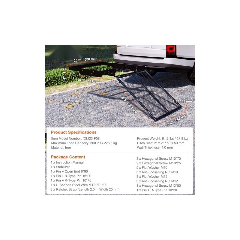 Vetokoukkuun kiinnitettävä rautainen pyörätuoli ja skootterikori 1175×680×112 mm 226,8 kg