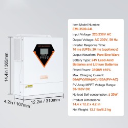 Hybridi aurinkosähköinvertteri 3500W 230V puhdas siniaalto 60A MPPT 24V akuille