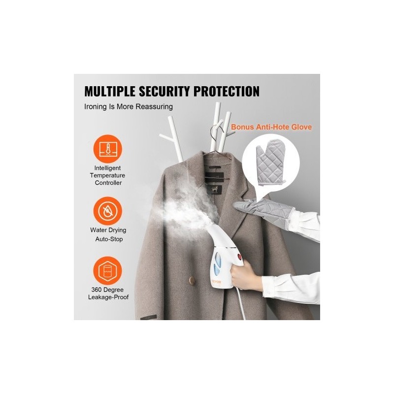 Pystymallinen käsikäyttöinen vaatehöyrystin 800 watin teho irrotettava 240 millilitran säiliö suojakäsineet