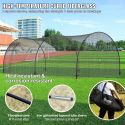 Suljettu lyöntikehikko lasikuitutangoin soveltuu baseball ja softball harjoitteluun noin 6,7 metriä