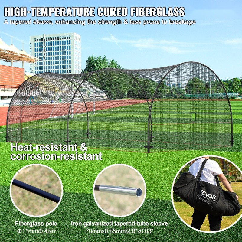 Suljettu lyöntikehikko lasikuitutangoin soveltuu baseball ja softball harjoitteluun noin 6,7 metriä