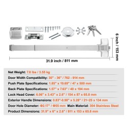 Paineriippulukko ruostumattomasta teräksestä 762–914 mm oville ulkokahvalla ja kolmella avaimella