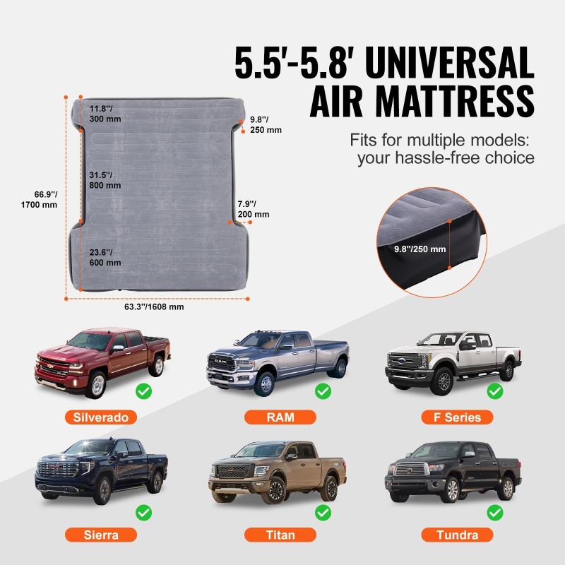 Lavapatja lava-autoon 5.5–5.8 ft kuvioitu nukkapinta PVC 2 tyynyä 12V ilmapumppu